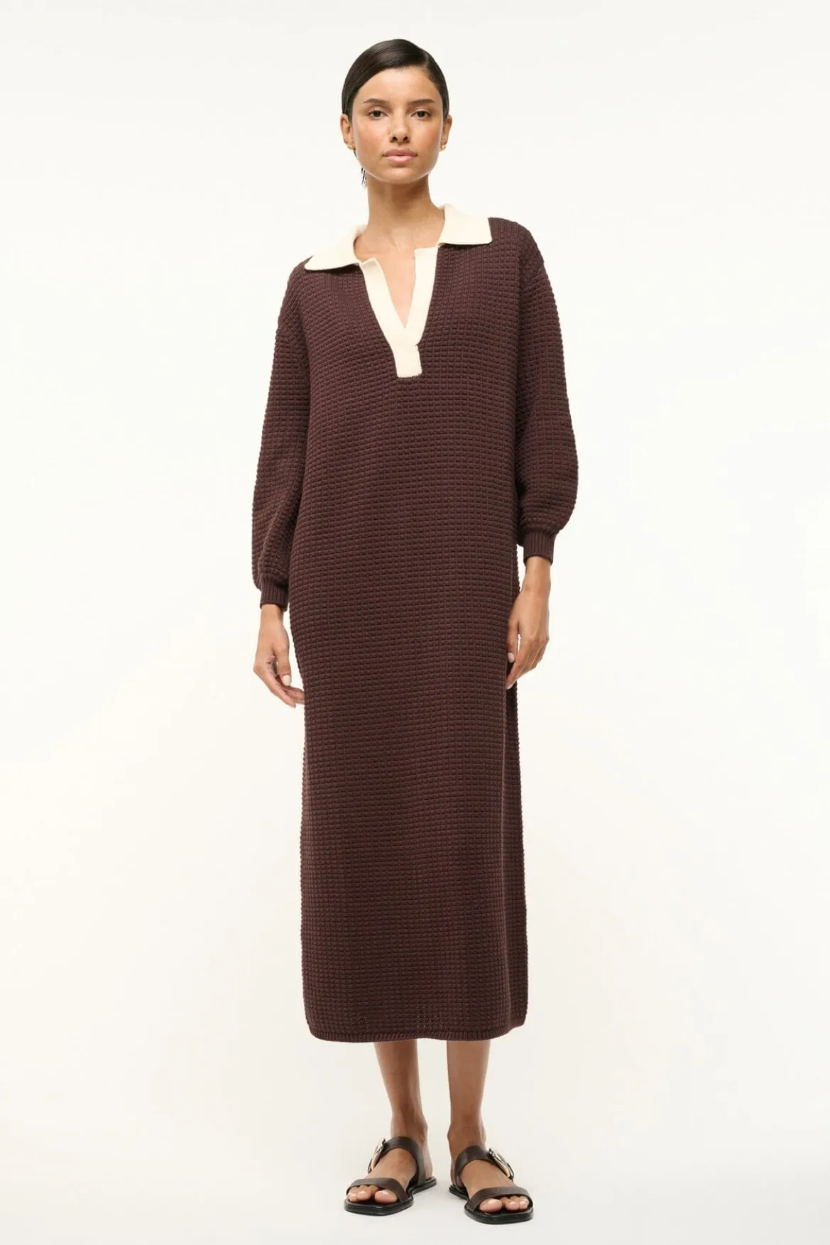 STAUD ALTEA DRESS DARK CHOCOLATE IVORY