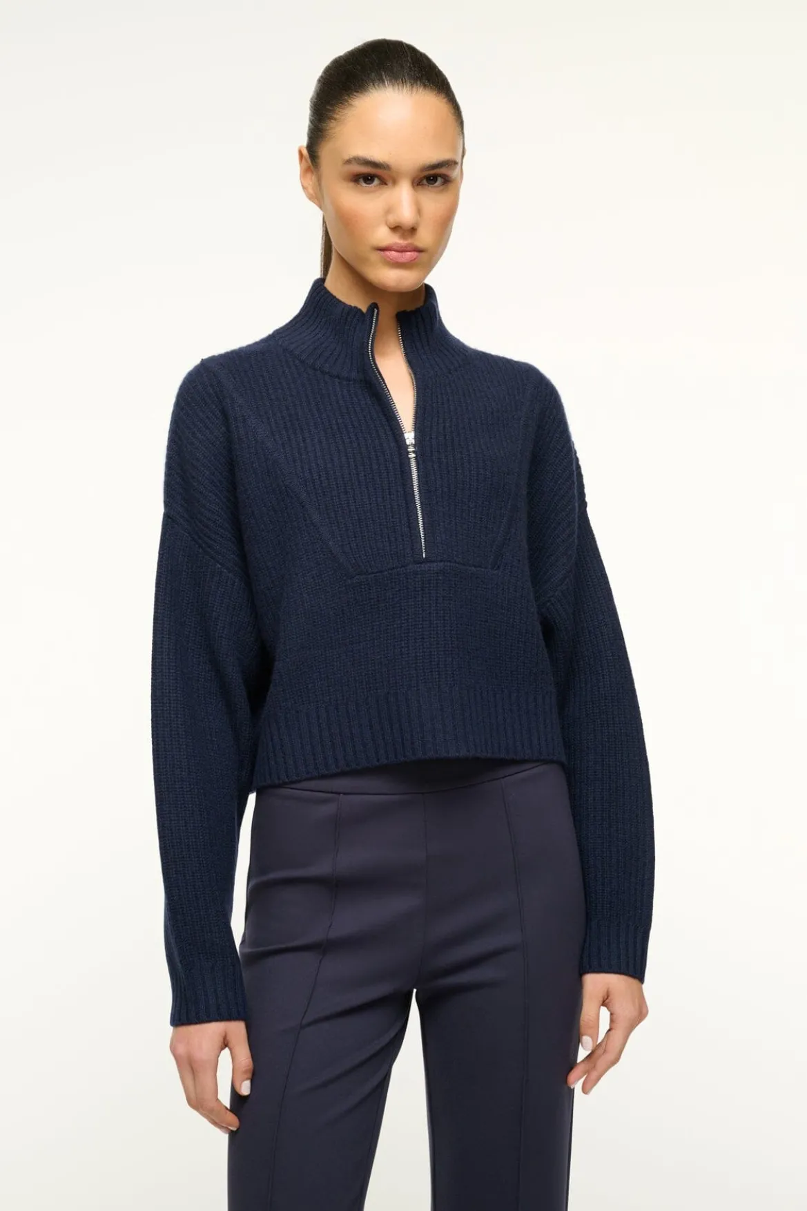 STAUD CASHMERE CROPPED HAMPTON SWEATER NAVY