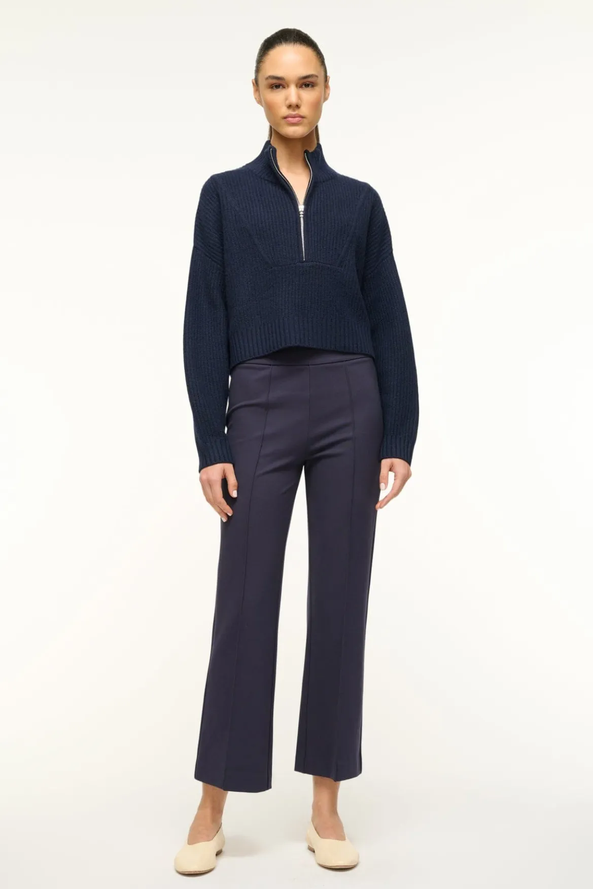 STAUD CASHMERE CROPPED HAMPTON SWEATER NAVY