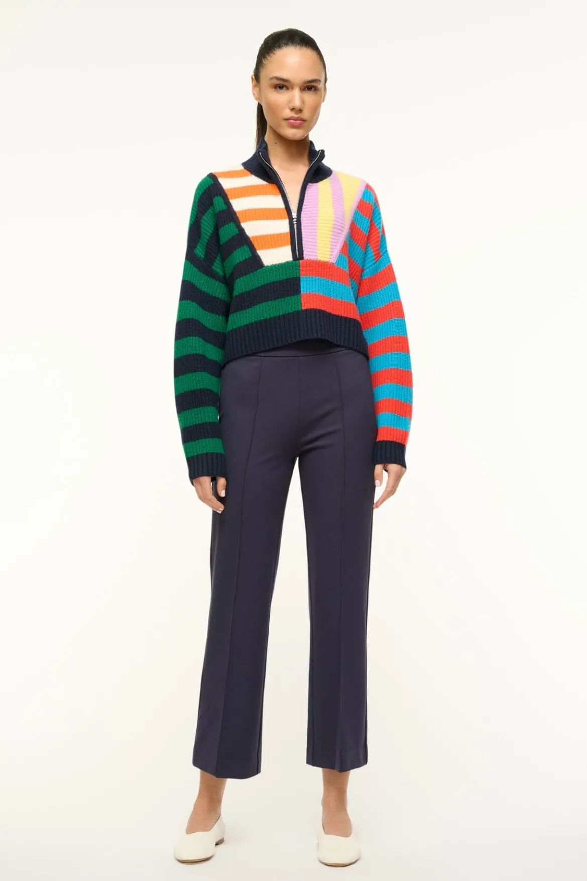 STAUD CASHMERE CROPPED HAMPTON SWEATER CABANA STRIPE MULTI