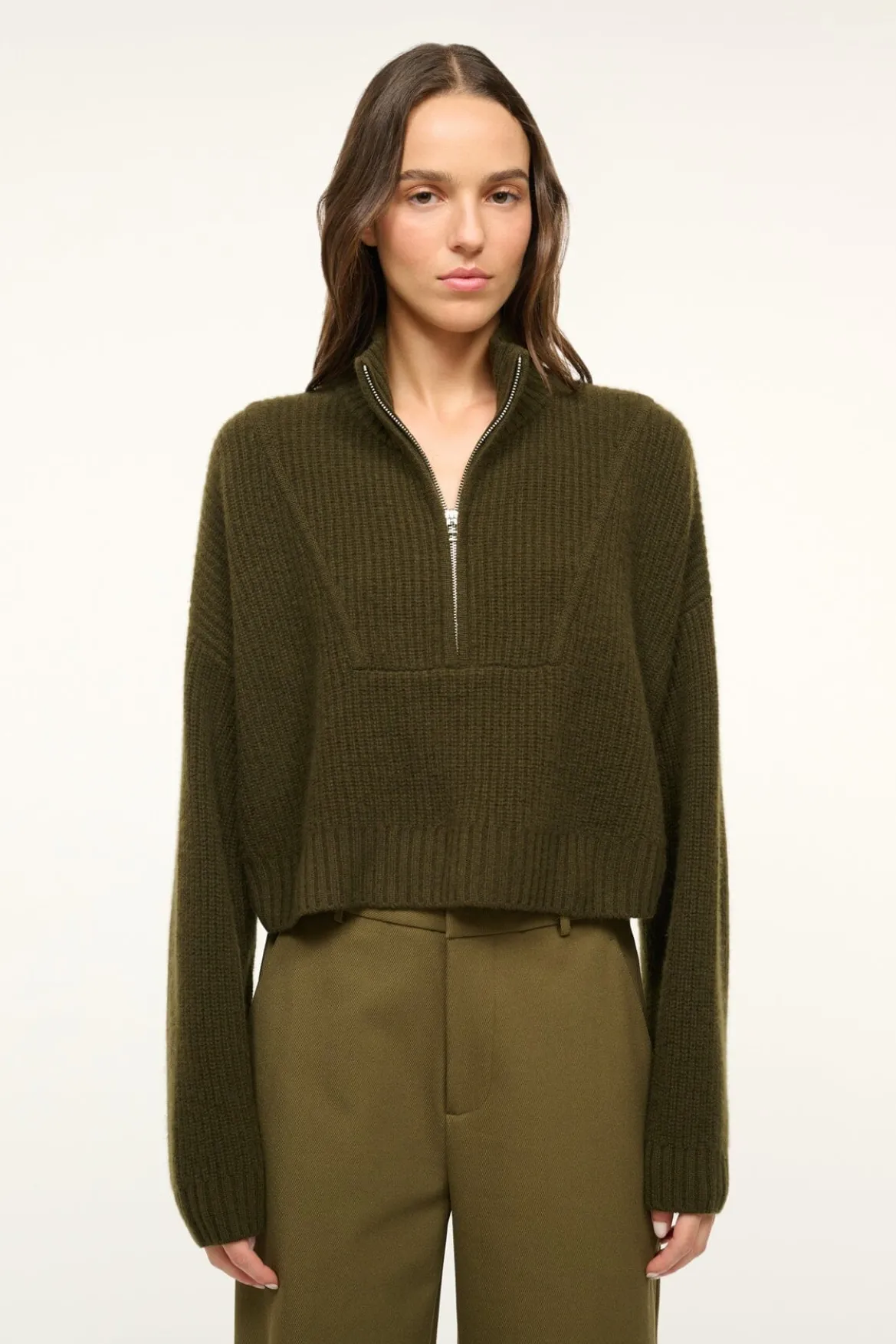 STAUD CASHMERE CROPPED HAMPTON SWEATER OLIVE