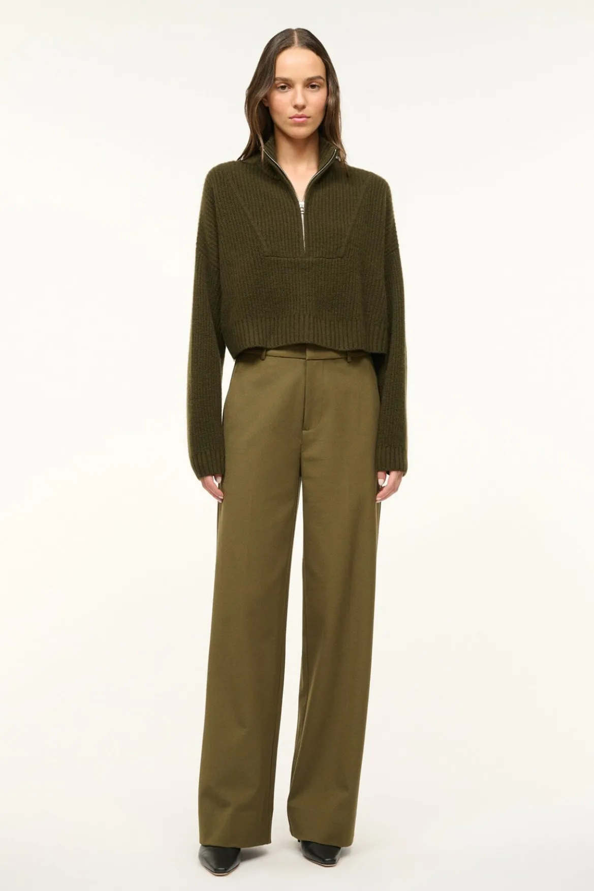 STAUD CASHMERE CROPPED HAMPTON SWEATER OLIVE