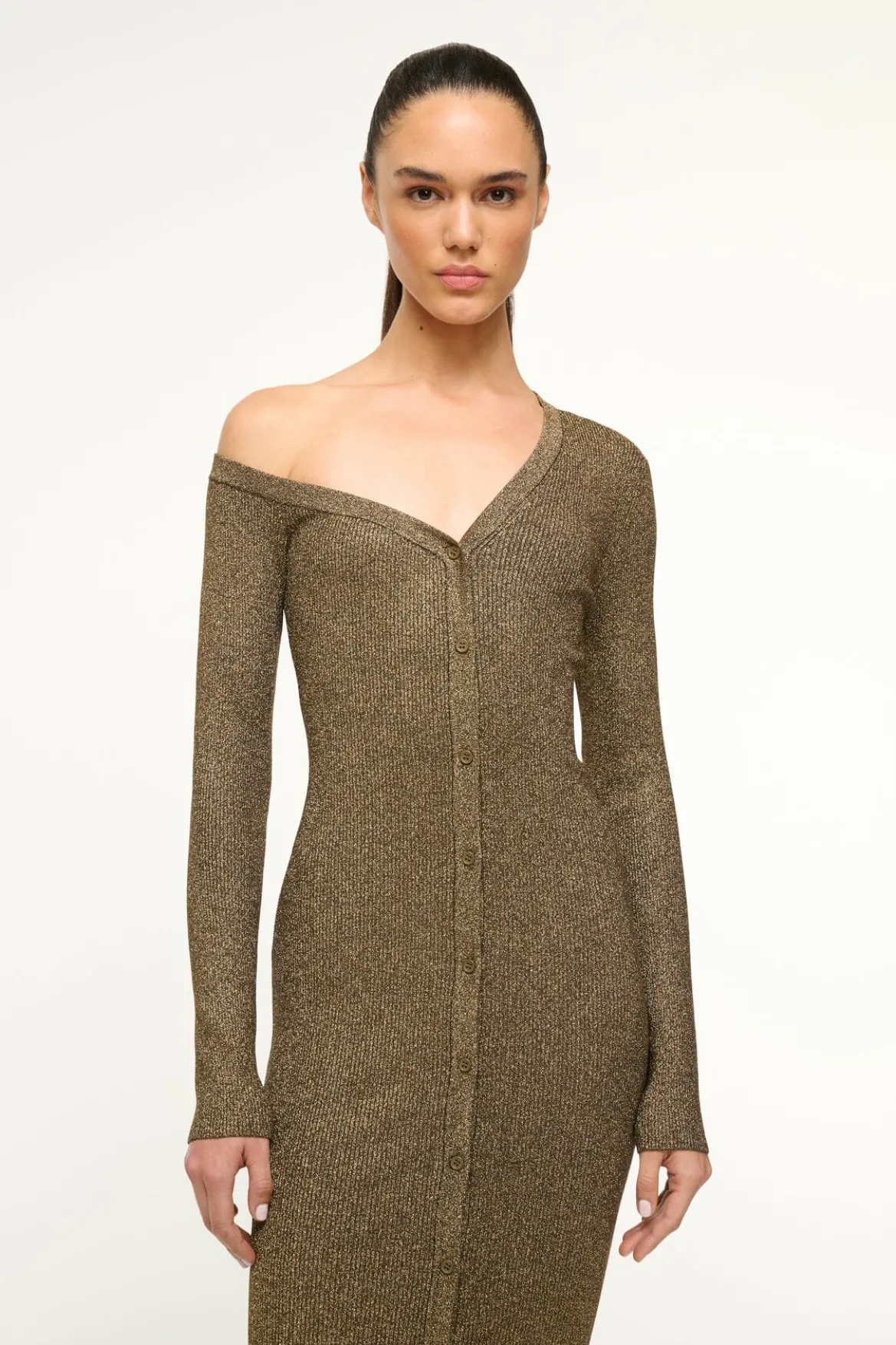 STAUD CRAFTSMAN SWEATER DRESS METALLIC GOLD