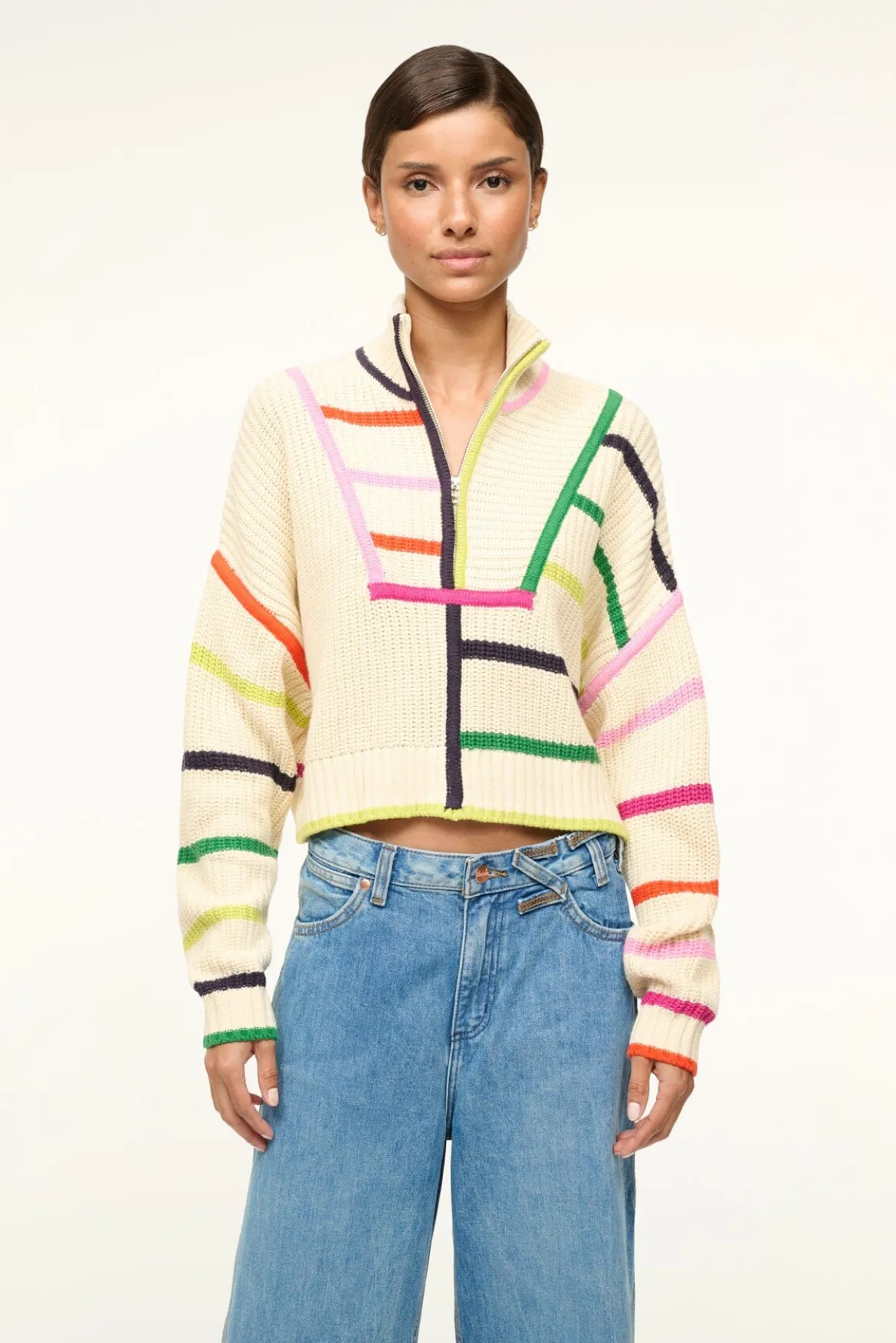STAUD CROPPED HAMPTON SWEATER CREAM RAINBOW MULTI