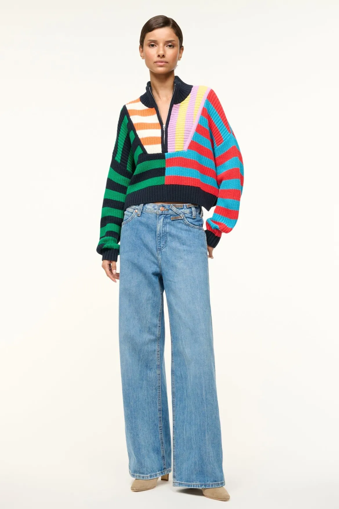 STAUD CROPPED HAMPTON SWEATER CABANA STRIPE MULTI