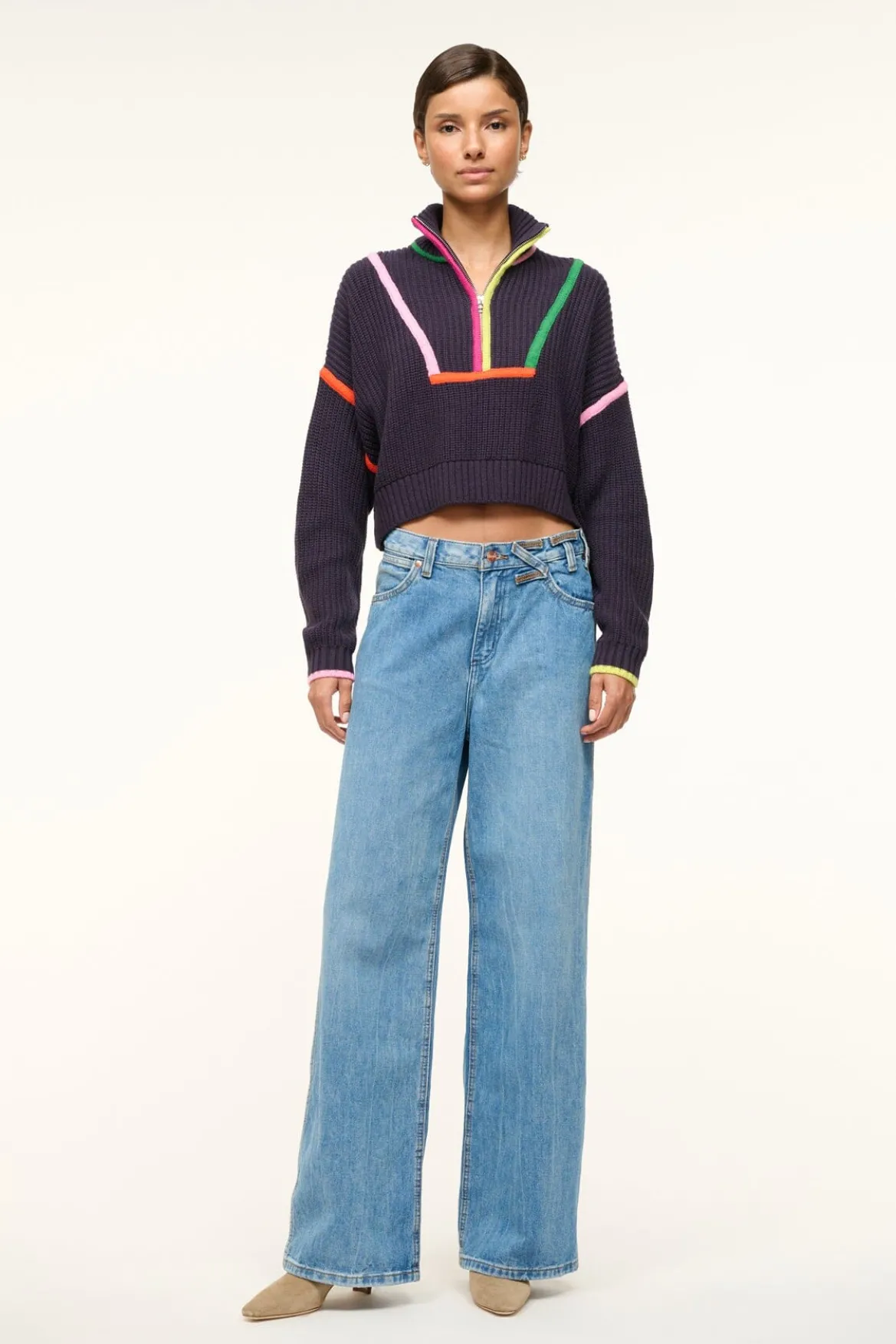 STAUD CROPPED HAMPTON SWEATER NAVY MULTI