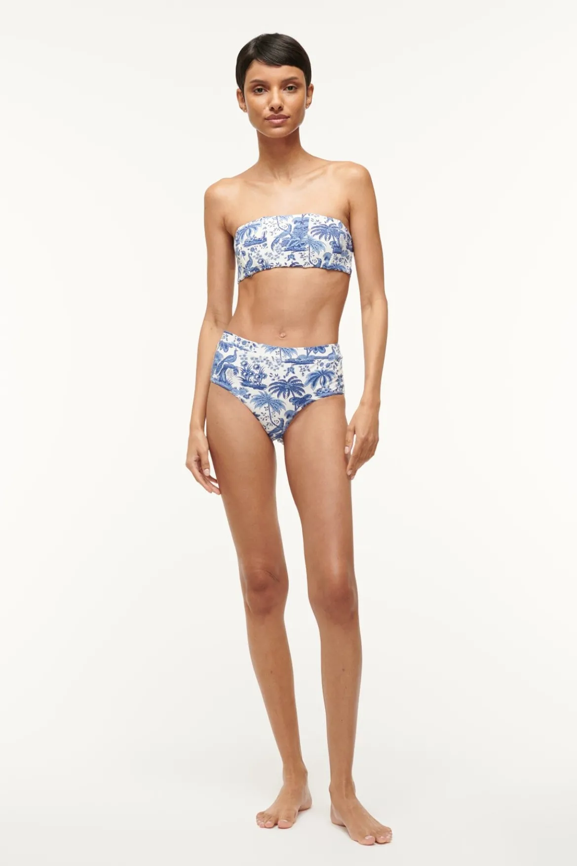 STAUD DEVON HIGH RISE BIKINI BOTTOM BLUE TOILE