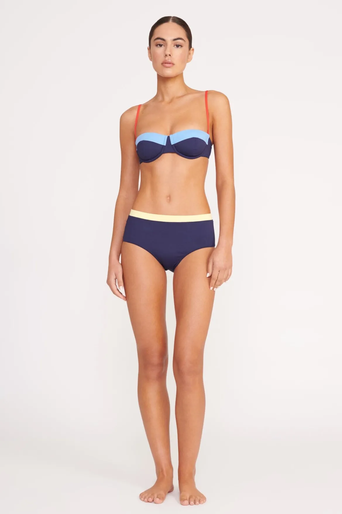 STAUD DEVON HIGH RISE BIKINI BOTTOM NAVY COLORBLOCK