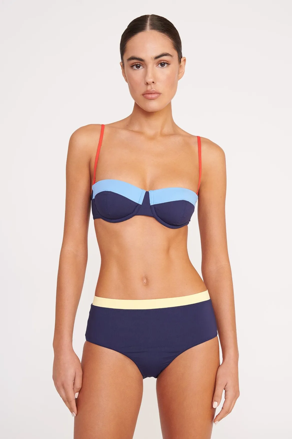 STAUD DEVON HIGH RISE BIKINI BOTTOM NAVY COLORBLOCK