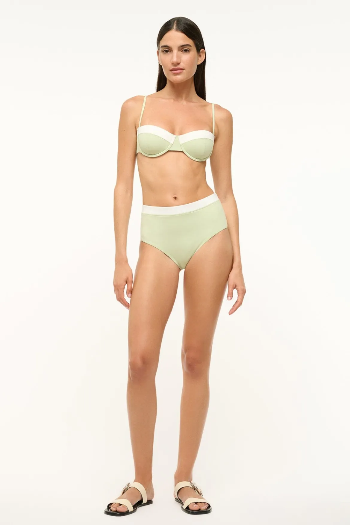 STAUD DEVON HIGH RISE BIKINI BOTTOM PALE JADE/WHITE