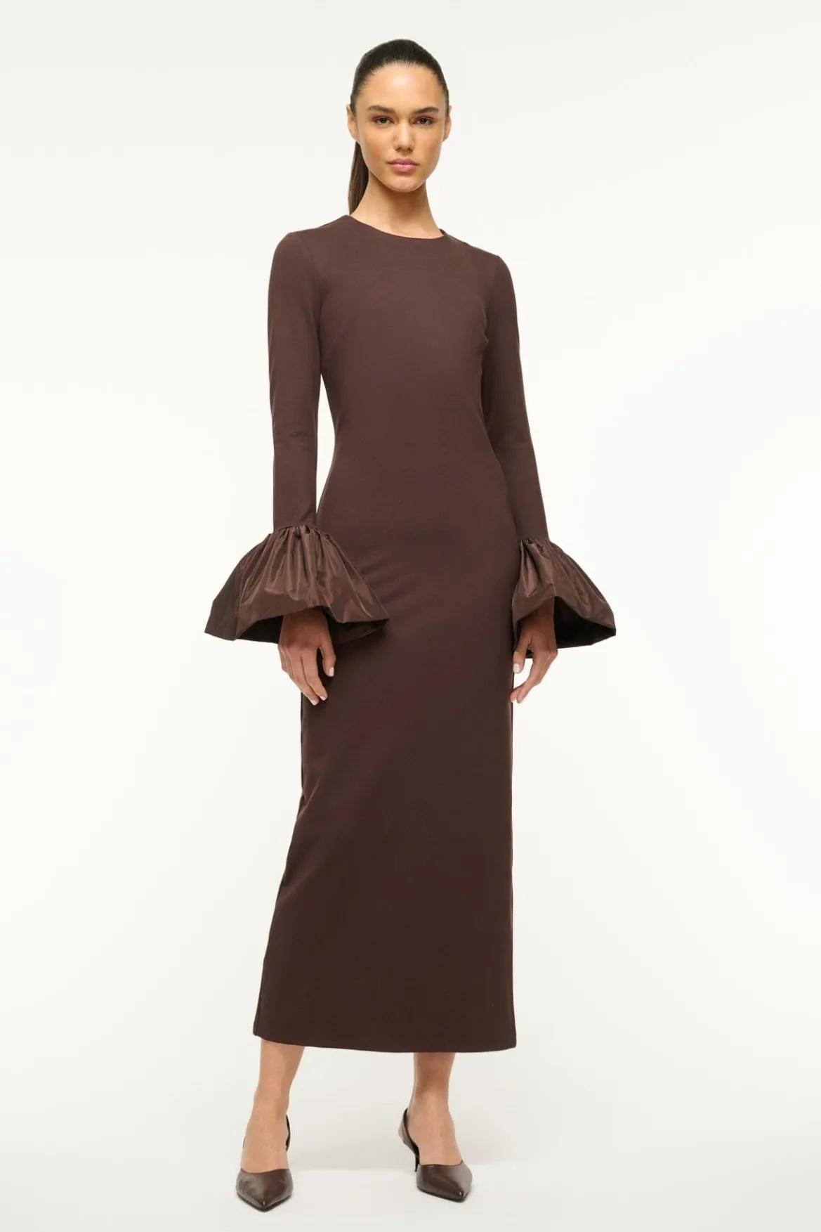 STAUD HAWTHORNE MAXI DRESS DARK CHOCOLATE