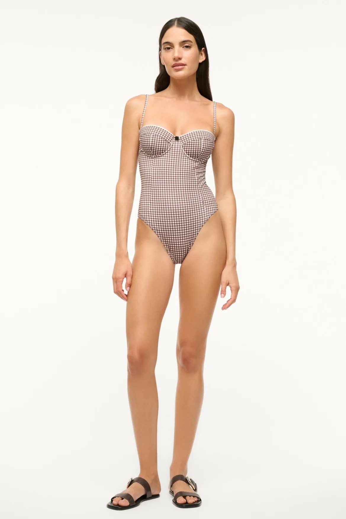 STAUD MAEVE ONE PIECE DARK CHOCOLATE MICRO CHECK