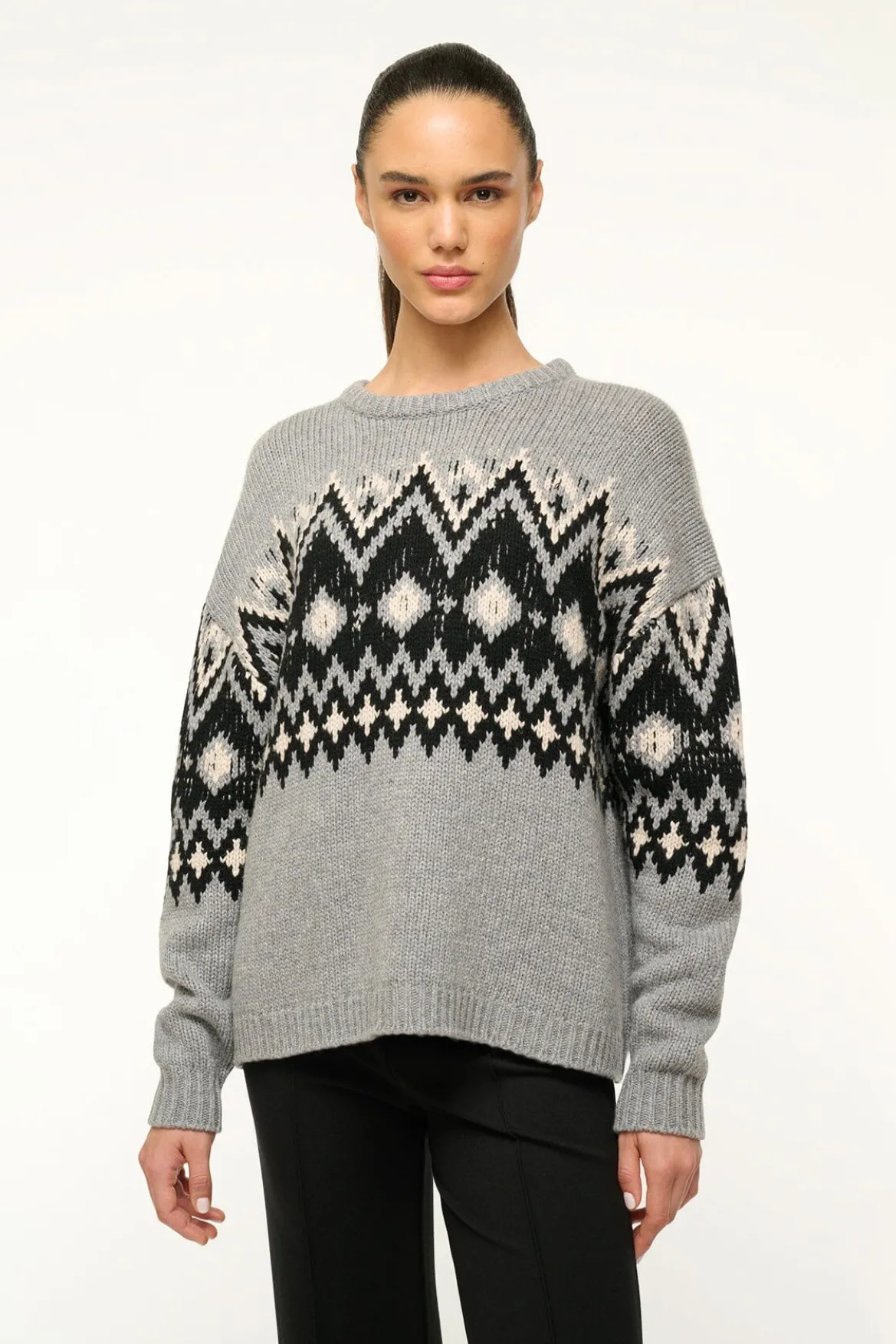 STAUD MORITZ SWEATER HEATHER GREY MULTI FAIRISLE