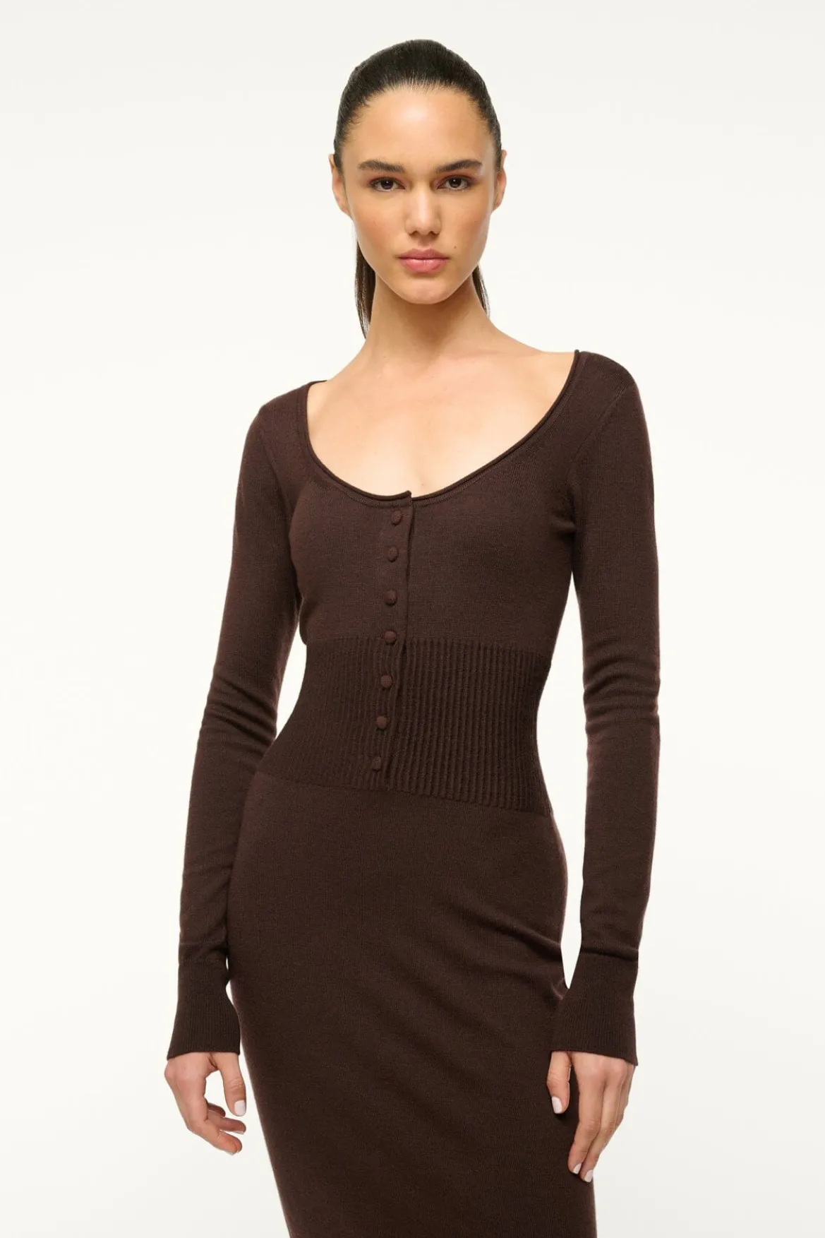 STAUD SABRINA DRESS DARK CHOCOLATE