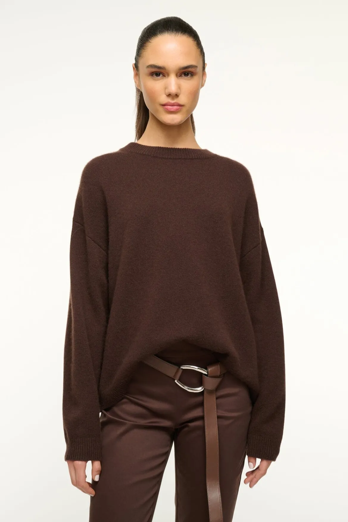 STAUD SERRANO CASHMERE RELAXED CREW DARK CHOCOLATE