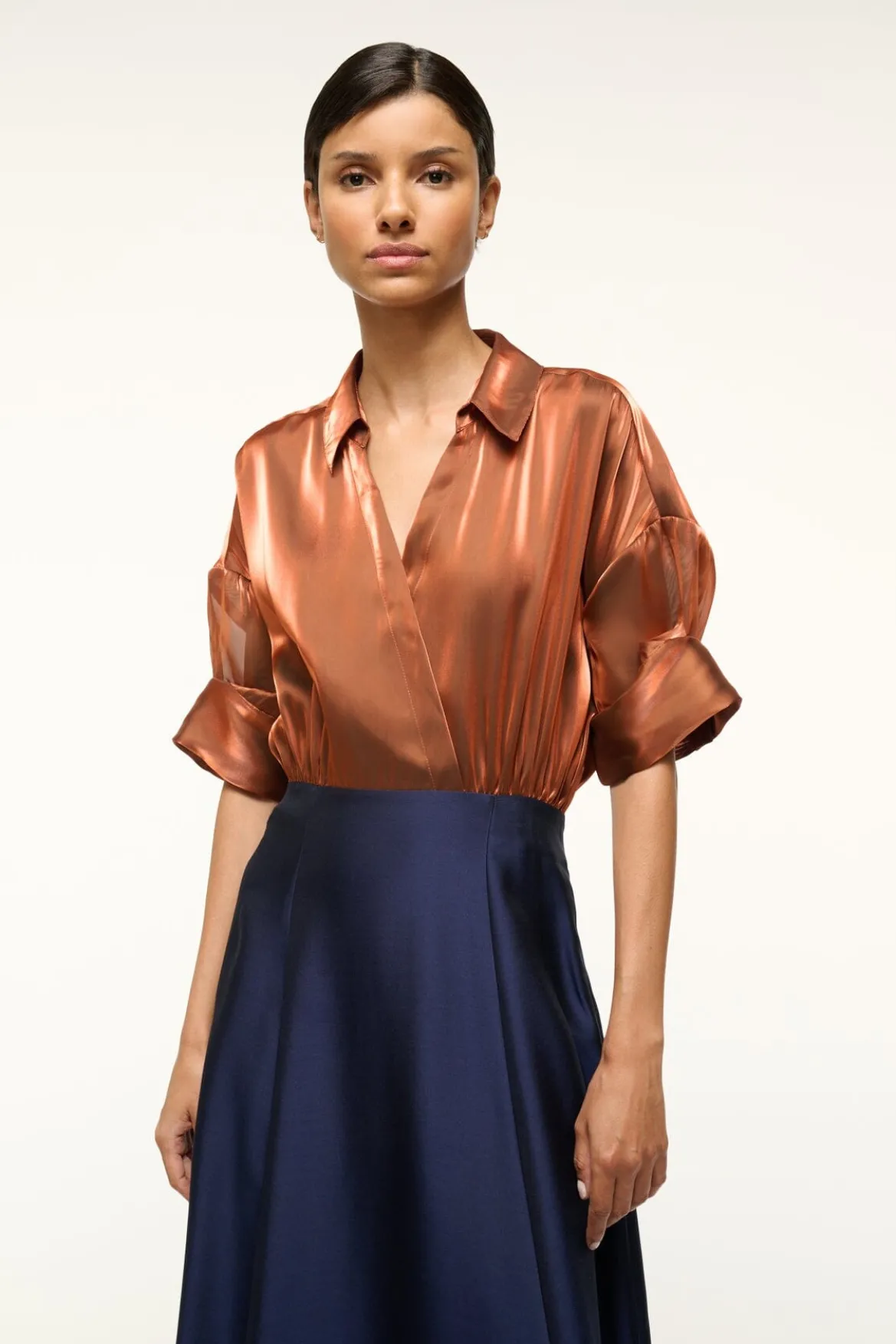 STAUD SHUBERT DRESS IRIDESCENT CACAO MIDNIGHT