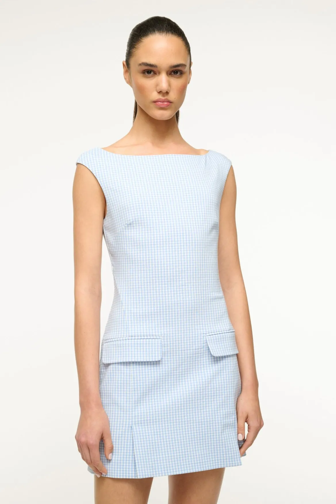 STAUD WALKER DRESS SKY MICRO CHECK