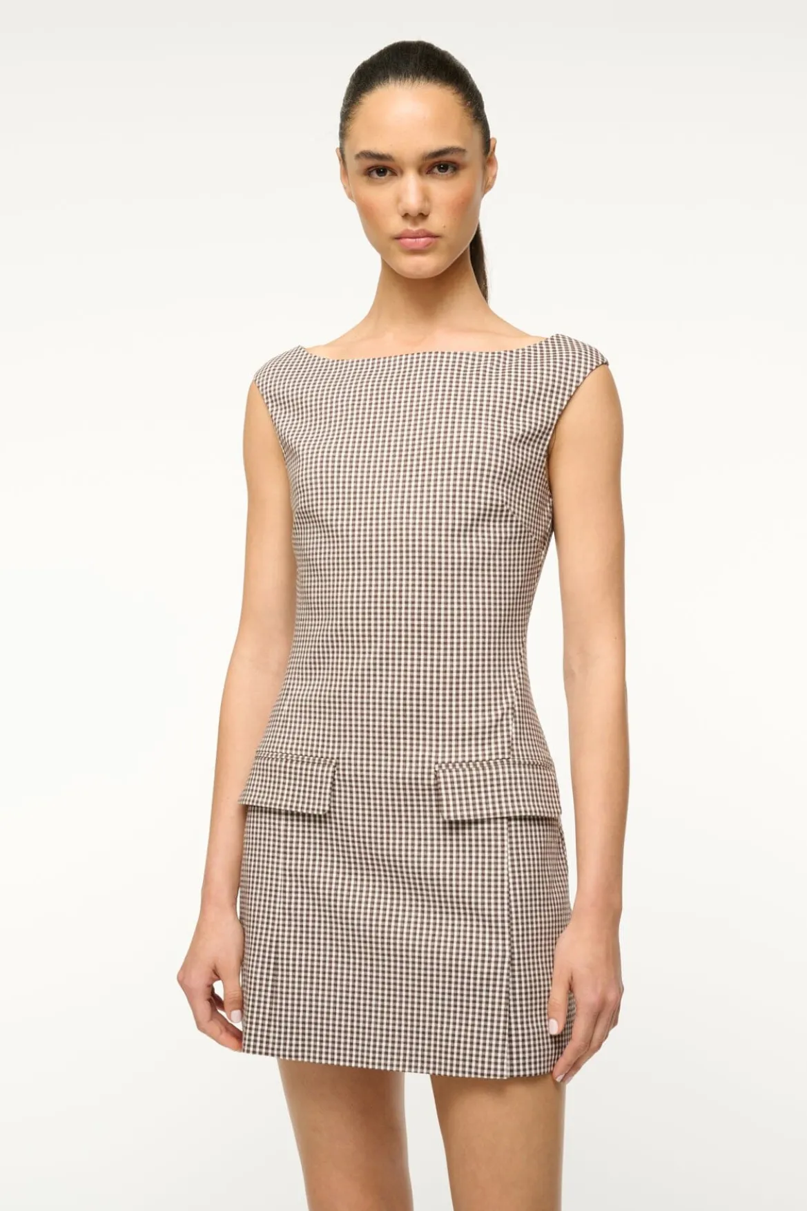 STAUD WALKER DRESS DARK CHOCOLATE MICRO CHECK